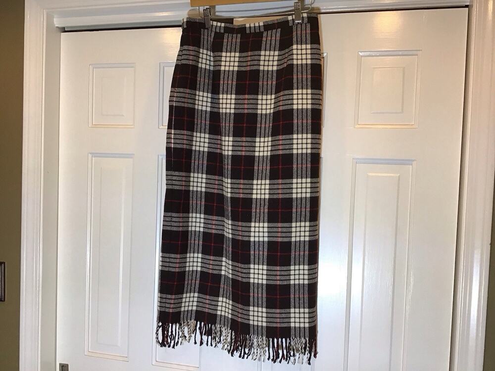 Vtg Nouveaux Plaid Maxi Skirt Sz 10 Fringe Wool Bl. Equestrian Academia Preppy
